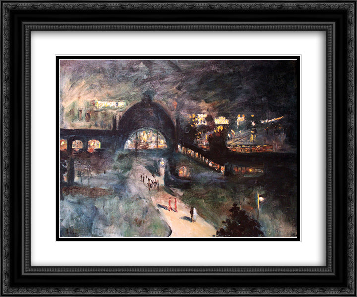 Train station Nollendorfplatz at night 24x20 Black Ornate Wood Framed Art Print Poster with Double Matting by Ury, Lesser