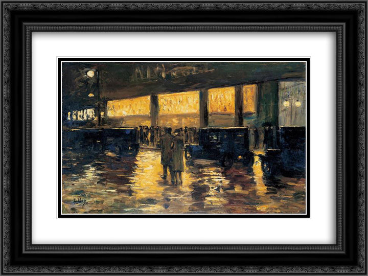 Vor dem Cafe (Berlin bei Nacht) 24x18 Black Ornate Wood Framed Art Print Poster with Double Matting by Ury, Lesser