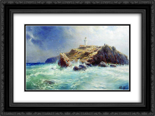 A Lighthouse 24x18 Black Ornate Wood Framed Art Print Poster with Double Matting by Lagorio, Lev