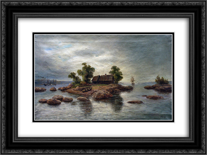 Farmhouse on the island 24x18 Black Ornate Wood Framed Art Print Poster with Double Matting by Lagorio, Lev