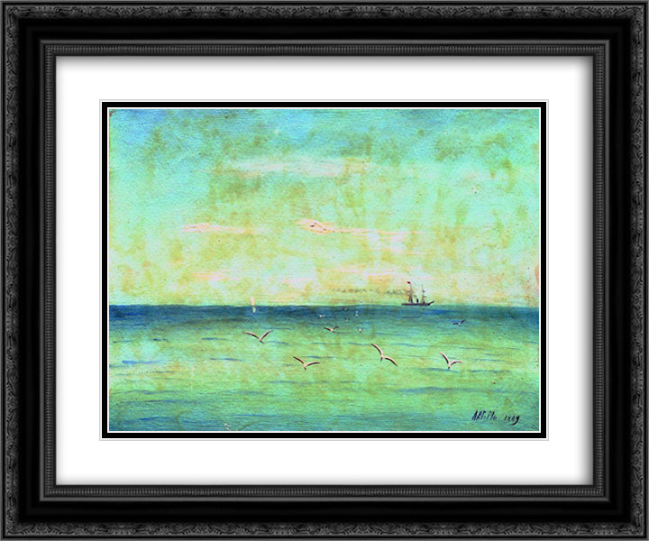 Landscape with seagulls 24x20 Black Ornate Wood Framed Art Print Poster with Double Matting by Lagorio, Lev