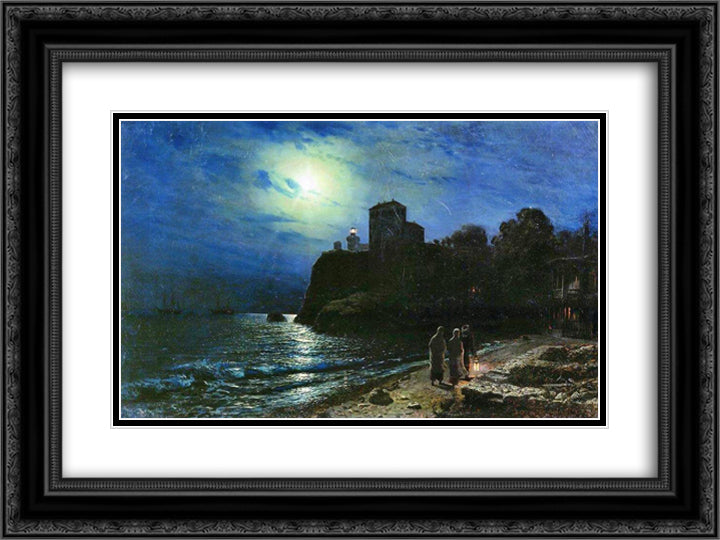 Moonlit night by the sea 24x18 Black Ornate Wood Framed Art Print Poster with Double Matting by Lagorio, Lev