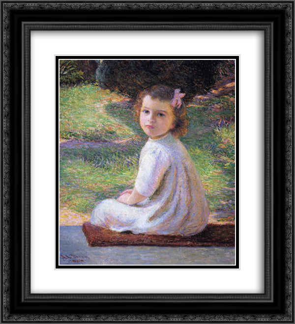 Girl with a Pink Bow 20x22 Black Ornate Wood Framed Art Print Poster with Double Matting by Cabot Perry, Lilla