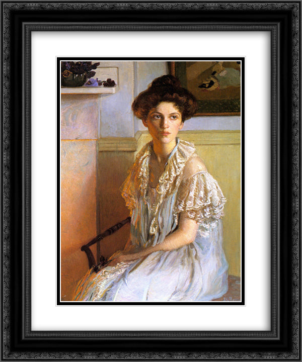 Lady with a Bowl of Violets 20x24 Black Ornate Wood Framed Art Print Poster with Double Matting by Cabot Perry, Lilla