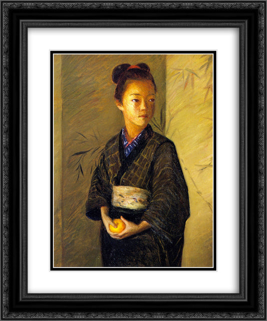 Portrait of a Young Girl with an Orange 20x24 Black Ornate Wood Framed Art Print Poster with Double Matting by Cabot Perry, Lilla