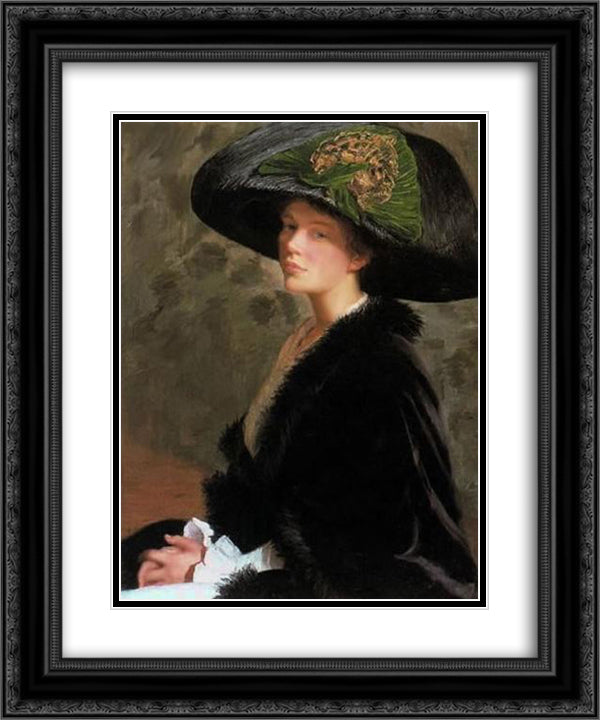 The Green Hat 20x24 Black Ornate Wood Framed Art Print Poster with Double Matting by Cabot Perry, Lilla