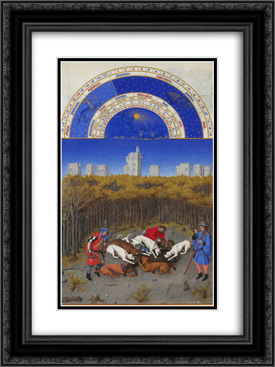 Facsimile of December Hunting Wild Boar 18x24 Black Ornate Wood Framed Art Print Poster with Double Matting by Limbourg Brothers
