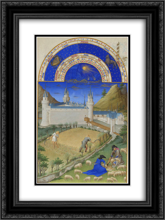 Fascimile of July Harvesting and Sheep Shearing 18x24 Black Ornate Wood Framed Art Print Poster with Double Matting by Limbourg Brothers