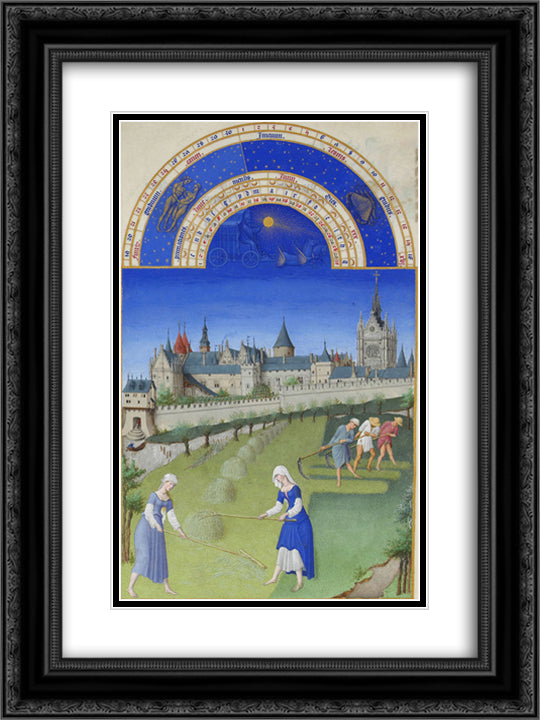 Fascimile of June Haymaking 18x24 Black Ornate Wood Framed Art Print Poster with Double Matting by Limbourg Brothers