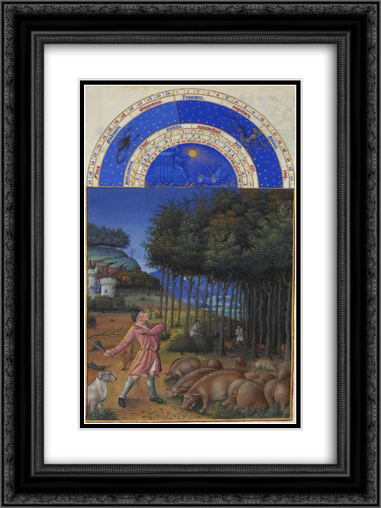 November Feeding Acorns to the Pigs 18x24 Black Ornate Wood Framed Art Print Poster with Double Matting by Limbourg Brothers