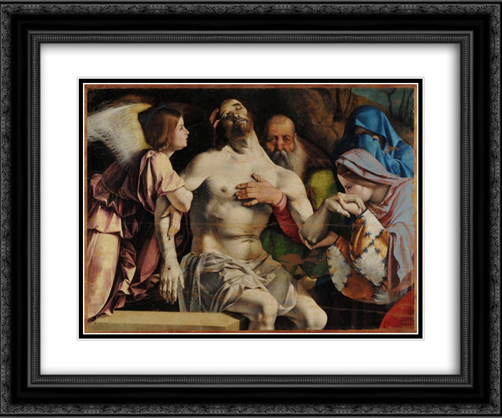 Altar of Recanati polyptych, crowning the main board Angel Pieta 24x20 Black Ornate Wood Framed Art Print Poster with Double Matting by Lotto, Lorenzo