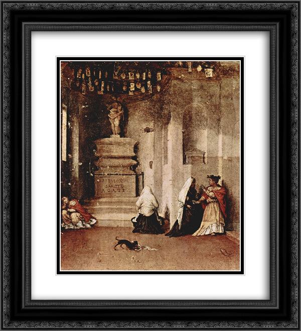Altar of St. Lucia, footplate St. Lucia in prayer and the valediction of St. Lucia 20x22 Black Ornate Wood Framed Art Print Poster with Double Matting by Lotto, Lorenzo