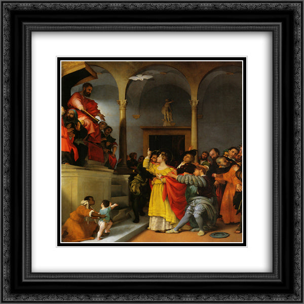 Altar of St. Lucia St. Lucia in front of the judges 20x20 Black Ornate Wood Framed Art Print Poster with Double Matting by Lotto, Lorenzo