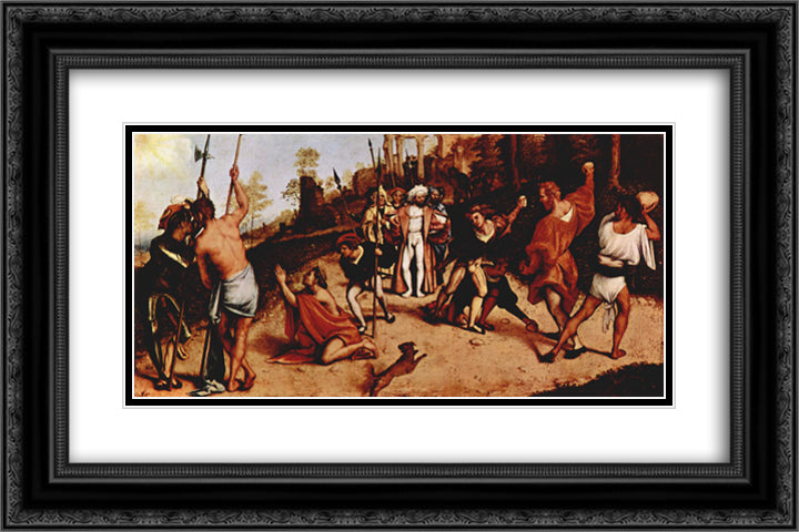 Altar polyptych of San Bartolomeo, Bergamo, foot plate Martyrdom of St. Stephen 24x16 Black Ornate Wood Framed Art Print Poster with Double Matting by Lotto, Lorenzo