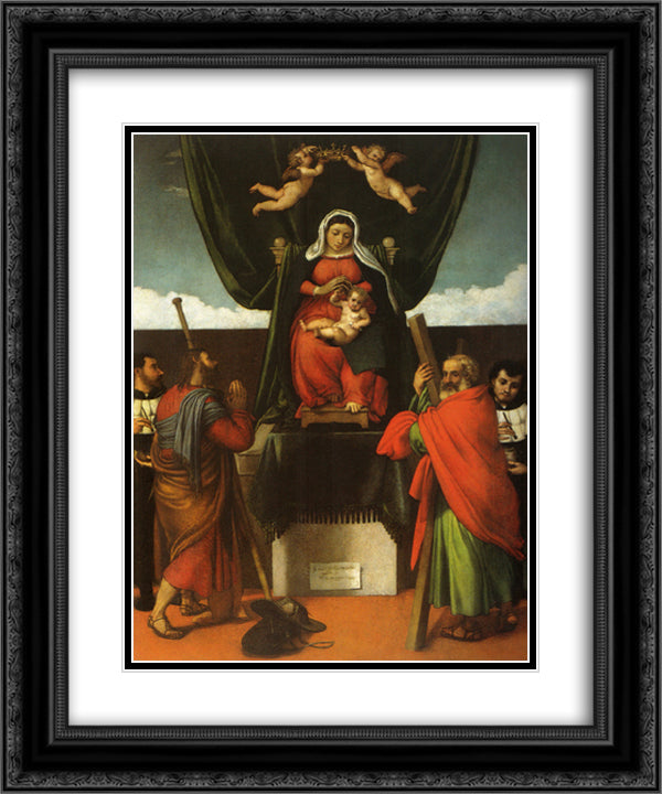 Madonna and Child Enthroned with Four Saints 20x24 Black Ornate Wood Framed Art Print Poster with Double Matting by Lotto, Lorenzo