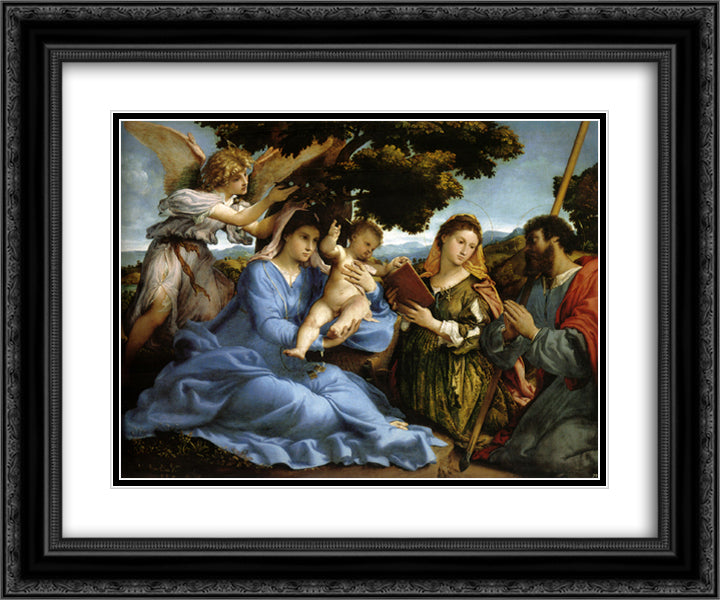 Madonna and St. Catherine of Alexandria, St. James the Greater and an angel 24x20 Black Ornate Wood Framed Art Print Poster with Double Matting by Lotto, Lorenzo