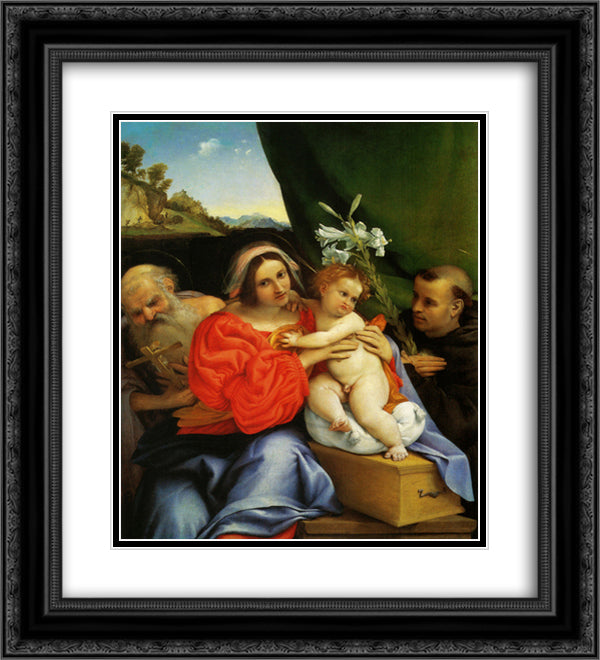 Madonna with St. Jerome and St. Anthony of Padua 20x22 Black Ornate Wood Framed Art Print Poster with Double Matting by Lotto, Lorenzo