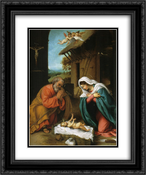 Nativity of Christ 20x24 Black Ornate Wood Framed Art Print Poster with Double Matting by Lotto, Lorenzo