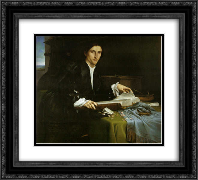 Portrait of a Gentleman in his Study 22x20 Black Ornate Wood Framed Art Print Poster with Double Matting by Lotto, Lorenzo