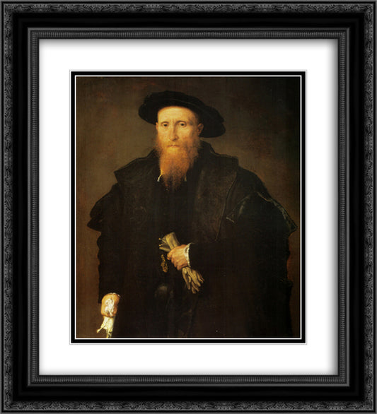 Portrait of a gentleman with gloves 20x22 Black Ornate Wood Framed Art Print Poster with Double Matting by Lotto, Lorenzo