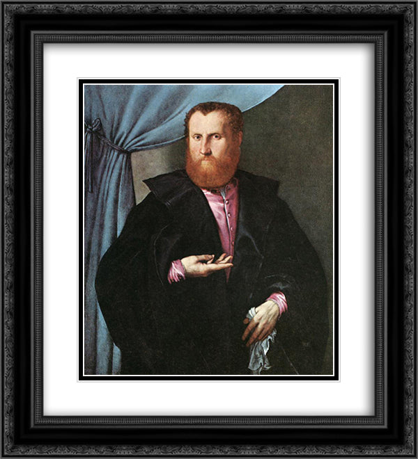 Portrait of a Man in Black Silk Cloak 20x22 Black Ornate Wood Framed Art Print Poster with Double Matting by Lotto, Lorenzo