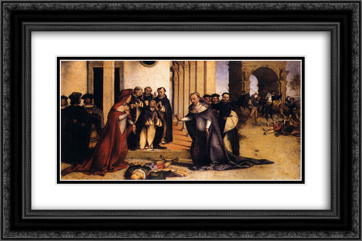St. Dominic Raises Napoleone Orsini 24x16 Black Ornate Wood Framed Art Print Poster with Double Matting by Lotto, Lorenzo