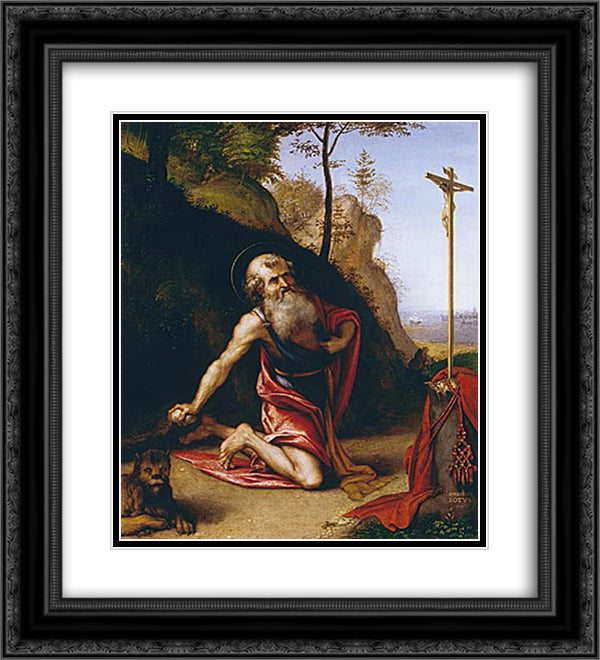 St. Jerome 20x22 Black Ornate Wood Framed Art Print Poster with Double Matting by Lotto, Lorenzo