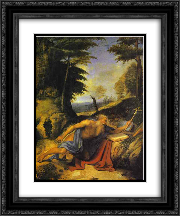 St. Jerome in the Desert 20x24 Black Ornate Wood Framed Art Print Poster with Double Matting by Lotto, Lorenzo