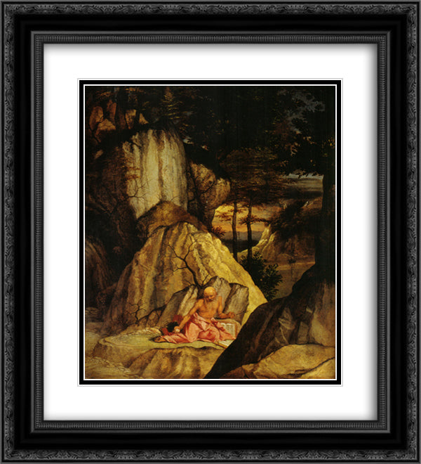 St. Jerome Meditating in the Desert 20x22 Black Ornate Wood Framed Art Print Poster with Double Matting by Lotto, Lorenzo