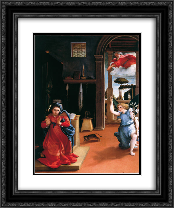 The Annunciation 20x24 Black Ornate Wood Framed Art Print Poster with Double Matting by Lotto, Lorenzo