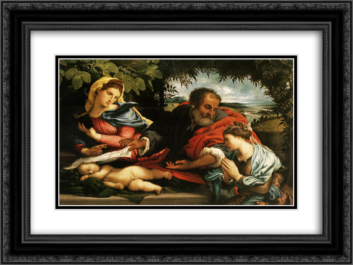 The Holy Family with St. Catherine of Alexandria 24x18 Black Ornate Wood Framed Art Print Poster with Double Matting by Lotto, Lorenzo