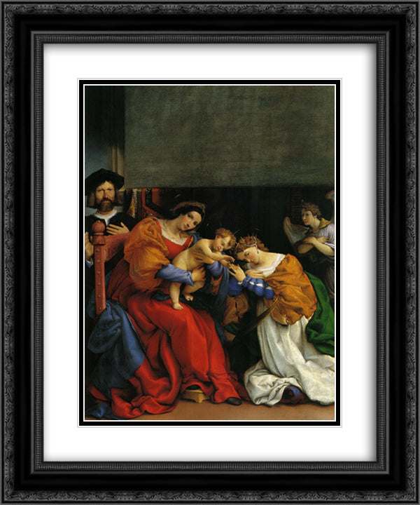 The Mystic Marriage of St. Catherine with the patron Niccolo Bonghi 20x24 Black Ornate Wood Framed Art Print Poster with Double Matting by Lotto, Lorenzo