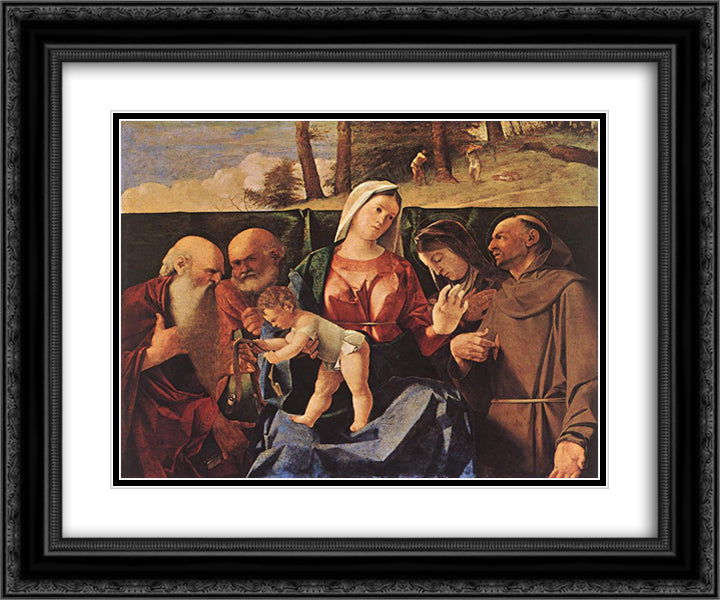Virgin and Child with Saints Jerome, Peter, Clare and Francis 24x20 Black Ornate Wood Framed Art Print Poster with Double Matting by Lotto, Lorenzo