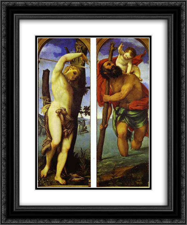Wings of a triptych St. Sebastian, St. Christopher 20x24 Black Ornate Wood Framed Art Print Poster with Double Matting by Lotto, Lorenzo