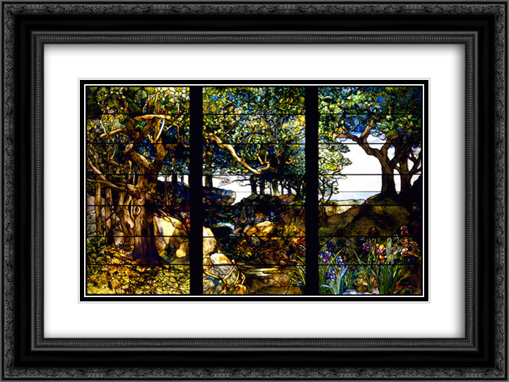 A Wooded Landscape in Three Panels 24x18 Black Ornate Wood Framed Art Print Poster with Double Matting by Tiffany, Louis Comfort
