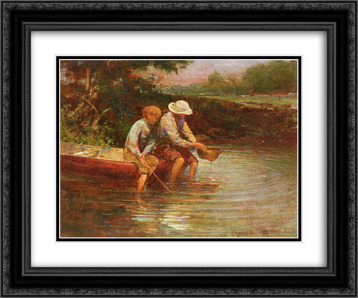 Boys Fishing 24x20 Black Ornate Wood Framed Art Print Poster with Double Matting by Tiffany, Louis Comfort