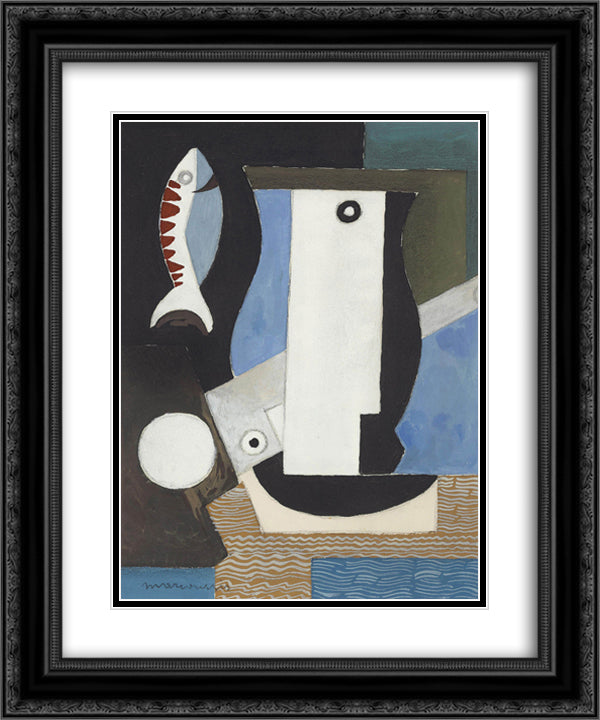 Composition cubiste au portrait, poisson et clair de lune 20x24 Black Ornate Wood Framed Art Print Poster with Double Matting by Marcoussis, Louis