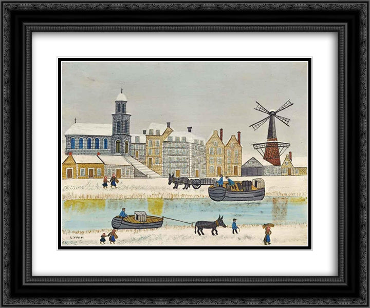 Ville au moulin pres du canal en hiver 24x20 Black Ornate Wood Framed Art Print Poster with Double Matting by Vivin, Louis