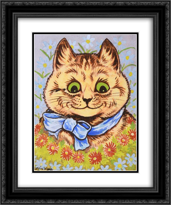 HAPPY FLOWER CAT 20x24 Black Ornate Wood Framed Art Print Poster with Double Matting by Wain, Louis