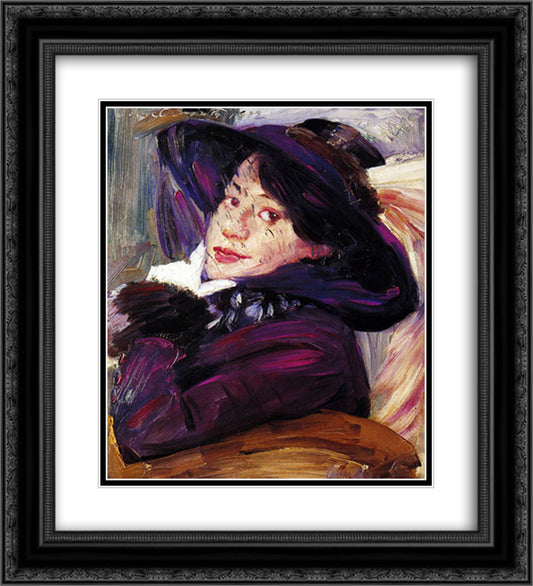 Portrait of a Woman in a Purple Hat 20x22 Black Ornate Wood Framed Art Print Poster with Double Matting by Corinth, Lovis