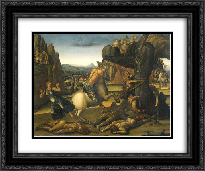 Saint George and the Dragon 24x20 Black Ornate Wood Framed Art Print Poster with Double Matting by Signorelli, Luca