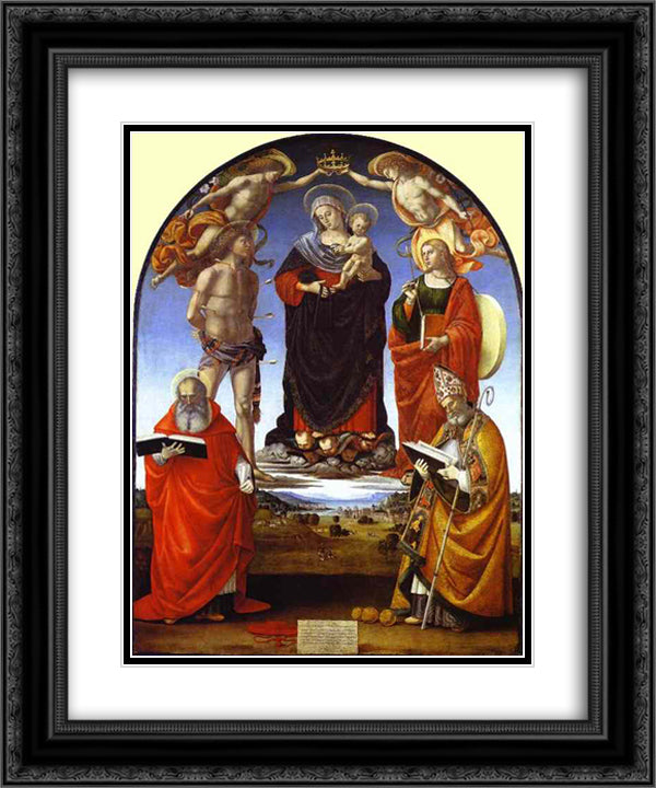 The Virgin and Child among Angels and Saints 20x24 Black Ornate Wood Framed Art Print Poster with Double Matting by Signorelli, Luca