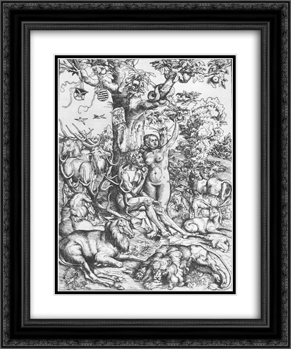 Adam and Eve in Paradise 20x24 Black Ornate Wood Framed Art Print Poster with Double Matting by Cranach the Elder, Lucas