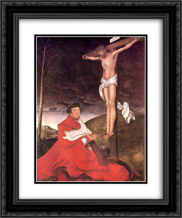 Albert, Cardinal Elector of Mainz at the foot of the Cross 20x24 Black Ornate Wood Framed Art Print Poster with Double Matting by Cranach the Elder, Lucas