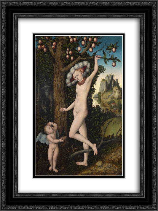 Cupid complaining to Venus. 18x24 Black Ornate Wood Framed Art Print Poster with Double Matting by Cranach the Elder, Lucas