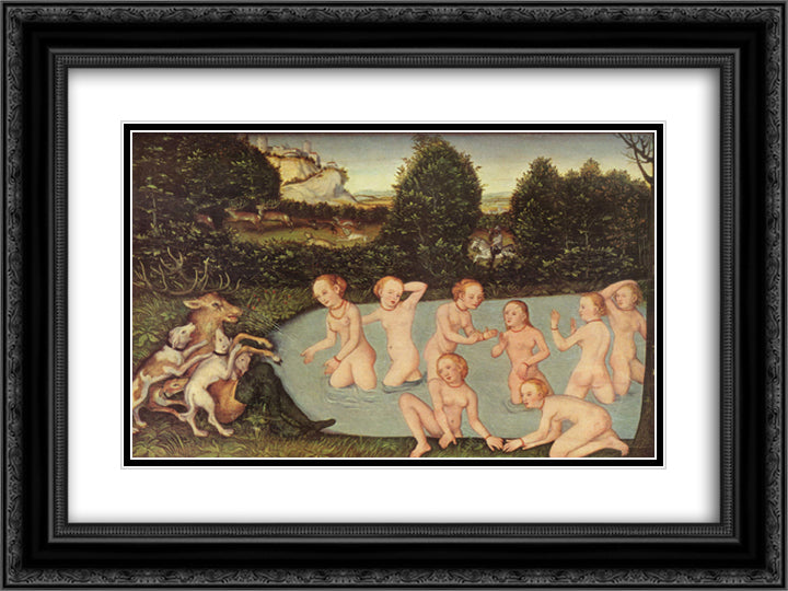 Diana and Actaeon 24x18 Black Ornate Wood Framed Art Print Poster with Double Matting by Cranach the Elder, Lucas