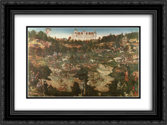 Hunt in Honour of Charles V at the Castle of Torgau 24x18 Black Ornate Wood Framed Art Print Poster with Double Matting by Cranach the Elder, Lucas