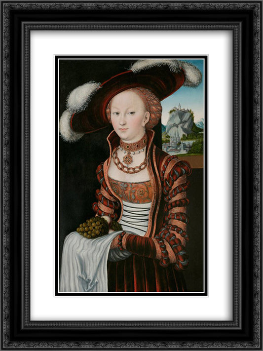 Portrait of a Young Woman Holding Grapes and Apples 18x24 Black Ornate Wood Framed Art Print Poster with Double Matting by Cranach the Elder, Lucas