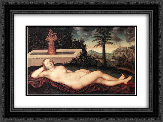 Reclining River Nymph at the Fountain 24x18 Black Ornate Wood Framed Art Print Poster with Double Matting by Cranach the Elder, Lucas