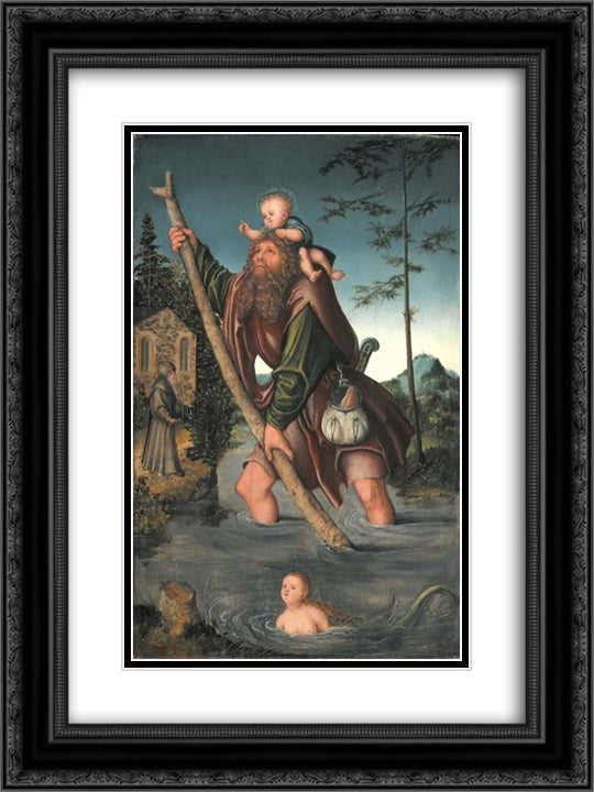 Saint Christopher 18x24 Black Ornate Wood Framed Art Print Poster with Double Matting by Cranach the Elder, Lucas